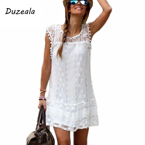 Duzeala-Vestido corto de playa con flecos para mujer, minivestido Sexy informal sin mangas con Blanco sólido de encaje de talla grande ► Foto 1/6