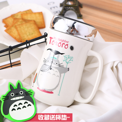 Taza de café de dibujo de totoro de cerámica, taza de leche de té de dibujos animados con tapa de gran capacidad, con cuchara, 400ml ► Foto 1/6