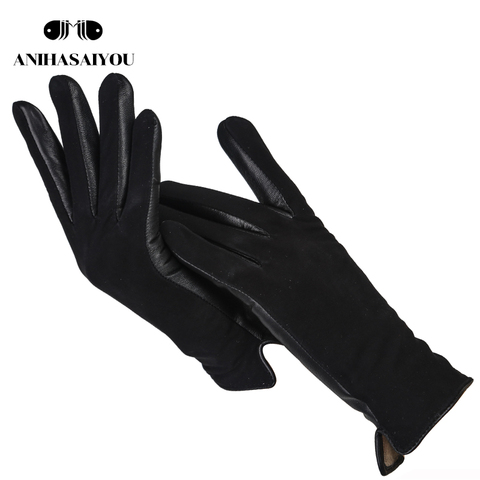 Guantes cortos sencillos para mujer, guantes de cuero genuino de alta calidad, cuero mate, negro, 0717 ► Foto 1/6