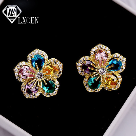 Pendientes de lujo con forma de flor de circón para mujer, aretes de boda Multicolor de Color dorado, accesorios de joyería ► Foto 1/6