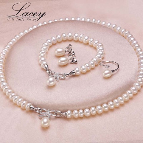 Perlas de agua dulce de la boda joyería conjunto para las mujeres, genuino collar de perlas naturales joyería madre aniversario regalos blanco ► Foto 1/1