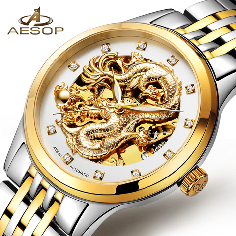 AESOP-reloj con dragón dorado para hombre, automático, mecánico, de pulsera, de cristal de zafiro dorado, Masculino ► Foto 1/6