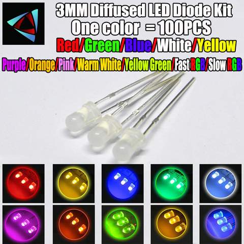 100 piezas 3mm Misty LED difusor Kit 3mm 3 V blanco cálido verde rojo azul amarillo naranja púrpura UV Rosa rápido lento RGB 10 colores ► Foto 1/1