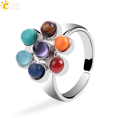 CSJA 1Pc 7 anillos de Chakra energía Reiki curación punto cuentas de piedra ajustable anillo Arco Iris flor mujeres anillo de dedo joyería de E042 ► Foto 1/6