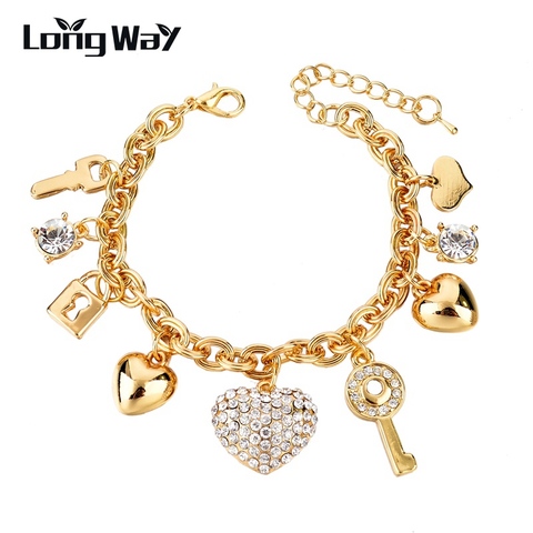 LongWay-pulsera con abalorios de corazón y escarabajo para mujer, brazalete de Color dorado, cadena de cristal austriaco, SBR140221 ► Foto 1/6