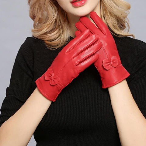 Guante de invierno de cuero genuino para mujer, guantes de cuero de oveja Real para niña, guantes de moda para conducir para mujer, guantes forrados de lana de lujo ► Foto 1/6