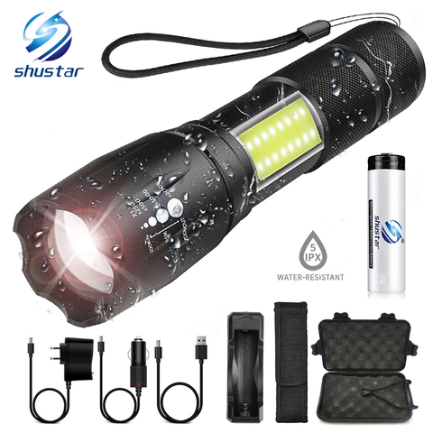 Linterna LED lado COB Lámpara diseño T6/L2 8000 lúmenes Zoomable antorcha 4 modos de luz para 18650 batería + cargador + regalo ► Foto 1/6