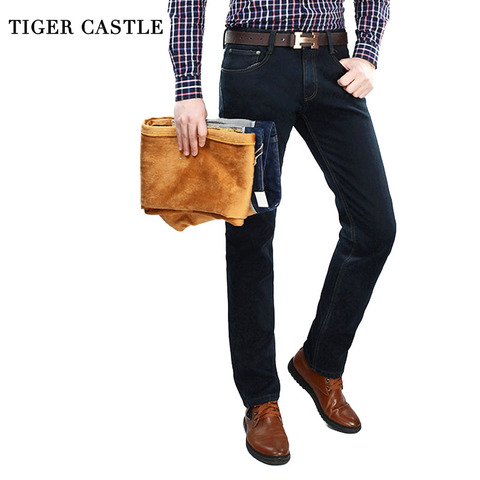 Tigre Castillo para hombre invierno Fleece pantalones vaqueros estiramiento clásico franela caliente Denim Pantalones elástico pantalones vaqueros masculinos de los hombres del diseñador pantalones calientes ► Foto 1/6