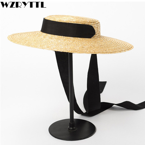 Sombrero de ala ancha para mujer, gorra de paja plana con ala de 10cm y 15cm, sombrero de verano de estilo Derby, con lazo blanco y negro, para playa ► Foto 1/6