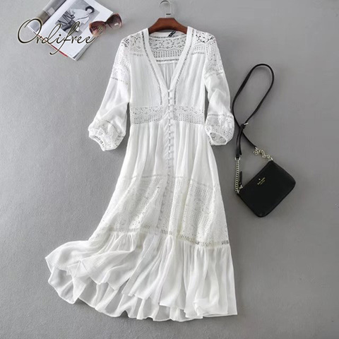 Ordifree-túnica larga de verano para mujer, vestido playero de manga larga de encaje blanco, Sexy, bohemio, Maxi, para vacaciones, 2022 ► Foto 1/6