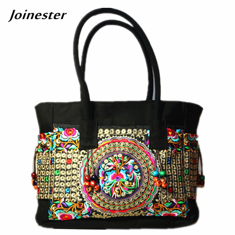 Bolso de hombro étnico con bordado Floral para mujer, bolso de mano grande de lona Vintage para compras con abalorios de madera ► Foto 1/6