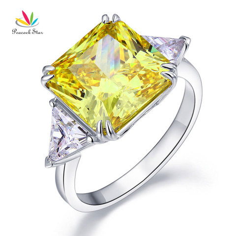 Plata 925 sólida de estrella de pavo real, anillo de lujo de tres piedras, Diamante amarillo canario de 8 quilates, CFR8157 ► Foto 1/6