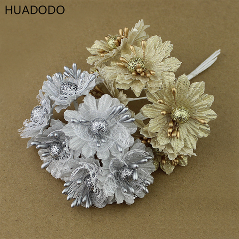 HUADODO 6 piezas de oro plata brillo Artificial ramo de flores de seda para la decoración de la boda Scrapbook DIY handcarft flores ► Foto 1/6