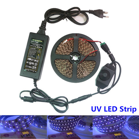 Tira de luces Led UV 3528 SMD 60/120leds/m 395-405nm, cinta de diodos LED de rayos ultravioleta, cinta Flexible púrpura + adaptador de corriente ► Foto 1/6