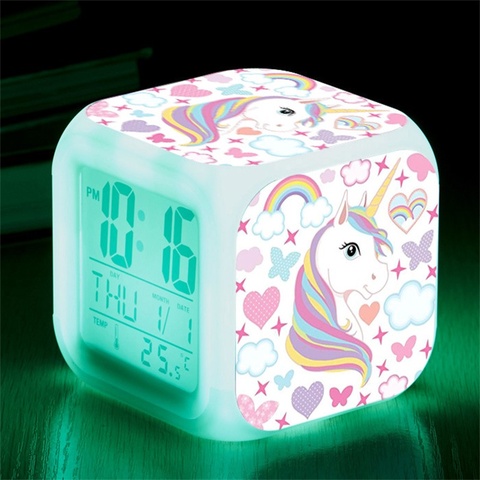 Reloj despertador unicornio LED Digital 7 colores luz cambiante noche brillante niños Reloj de escritorio despertador unicornio niños regalo ► Foto 1/6