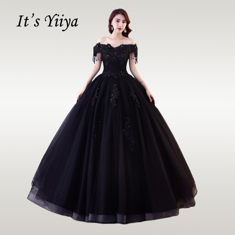 It's YiiYa-Vestido de boda negro con hombros descubiertos y cuello de barco, elegante, de encaje, largo hasta el suelo, CH038 ► Foto 1/6