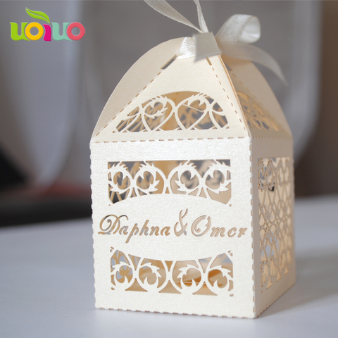 10 Uds diseño de pareja de lujo corte láser dulces de boda cajas de 