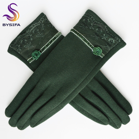 BYSIFA-guantes de lana de Cachemira para mujer, manoplas suaves de lana bordadas con encaje, elegantes, grises y verdes, Invierno ► Foto 1/6