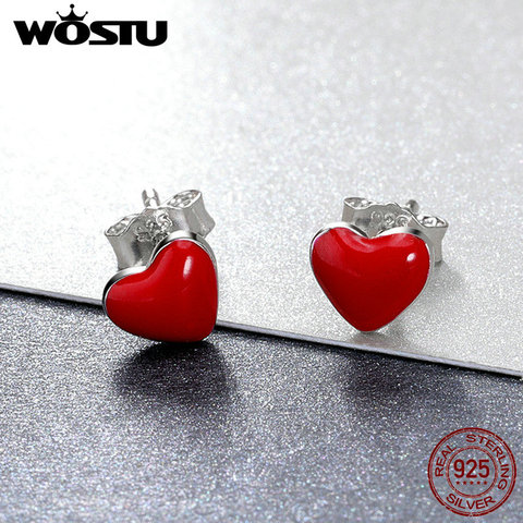 WOSTU-pendientes de esmalte de corazón rojo para mujer, de plata de ley 100% 925, pendientes de plata para mujer, regalo de joyas de fiesta FME147 ► Foto 1/6