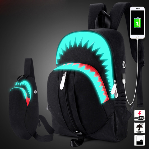 De moda de los hombres de carga USB luminosas de noche Mochila tiburón portátil Mochila bolso para el pecho adolescentes bolsa de la escuela Mochila bolsa de viaje Negro ► Foto 1/6