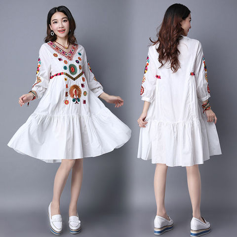 Gran venta Vintage s 70 s mexicano bohemio Hippie Floral bordado étnico suelto blanco largo Chic mujeres vestido envío gratis ► Foto 1/6