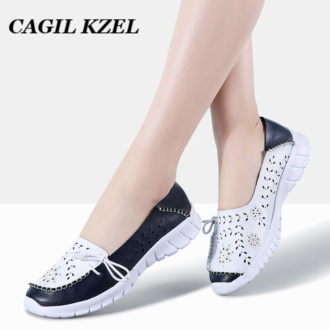 CAGILKZEL 2022 zapatos planos de mujer de moda de cuero genuino zapatos de verano de mujer zapatos de bailarina zapatos planos de barco de madre mocasines ► Foto 1/6