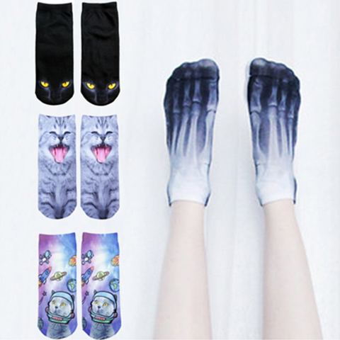 Nuevo 3D impreso de algodón calcetines de esqueleto hueso corto calcetines de las mujeres Terror nuevos calcetines Animal gato lindo divertido bajo de tobillo, calcetines de los hombres ► Foto 1/6
