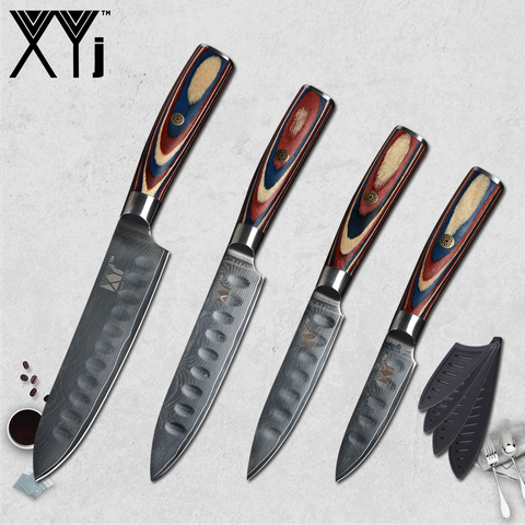 XYj-cuchillo de cocina de acero de Damasco VG10 japonés, cubiertas de cuchillo de acero de Damasco con mango de madera de Color, alto grado, 3 
