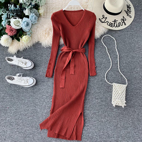 Vestido Midi elegante con cuello en V y abertura para mujer Otoño Invierno 2022 vestido de Jersey de punto con mangas largas y botones vestido ceñido al cuerpo ► Foto 1/6