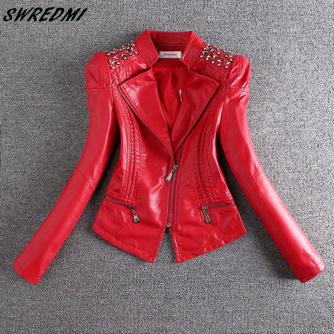 SWREDMI 2022 nueva chaqueta de cuero de motocicleta roja de moda para mujer remache cremalleras abrigo de cuero de motociclista talla grande S-3XL ropa de abrigo de gamuza ► Foto 1/5