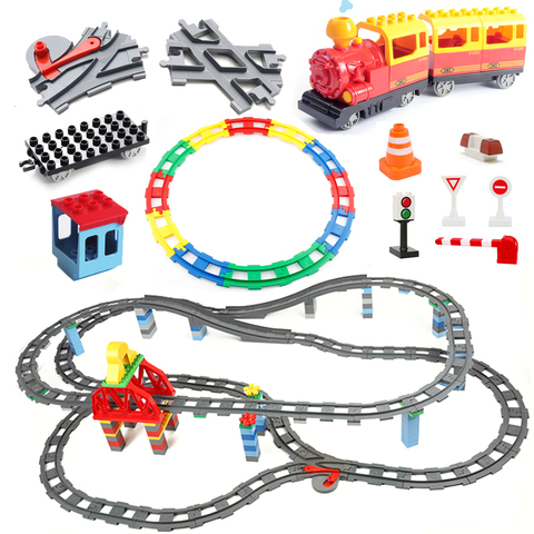 Juegos de vías de tren, bloques de edificio grande, accesorios para vehículos, montaje DIY, ferrocarril, juguetes interactivos para niños, bloques compatibles Duplo ► Foto 1/6