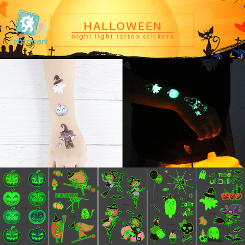 Rocooart-tatuaje de Halloween para niños, pegatinas luminosas impermeables para Tatuaje falso, arte corporal, tatuaje de dibujos animados ► Foto 1/6