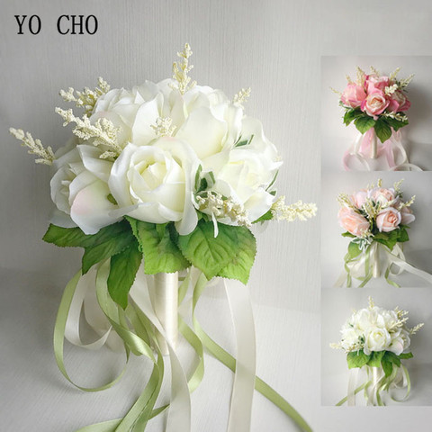 Ramo de rosas para bodas, ramos de seda de YO CHO para damas de honor, flores artificiales de color blanco y rosa, decoración del hogar ► Foto 1/6