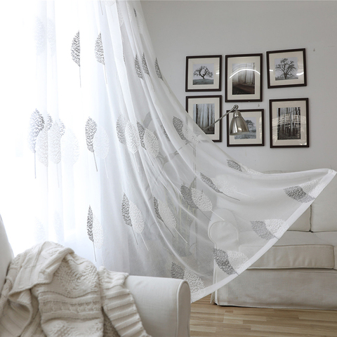 Cortinas transparentes blancas para decoración del hogar, tela de tul bordada de estilo nórdico, cortinas de cocina de hojas negras ► Foto 1/6