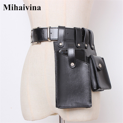 Mihaivina-riñonera de cuero para mujer, Cangurera negra, bolso de lujo con cinturón, con bolsillos, compatible con iphone 8 plus ► Foto 1/6