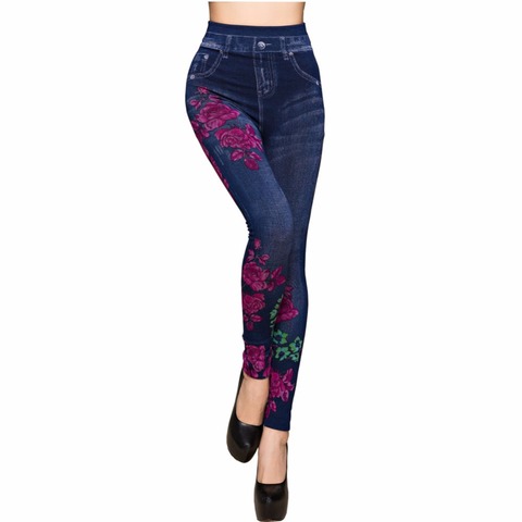 Moda Primavera Verano mujer Leggings Faux mallas de tejido vaquero largo floral de impresión pantalones pitillo casual de lana fina dentro ► Foto 1/6