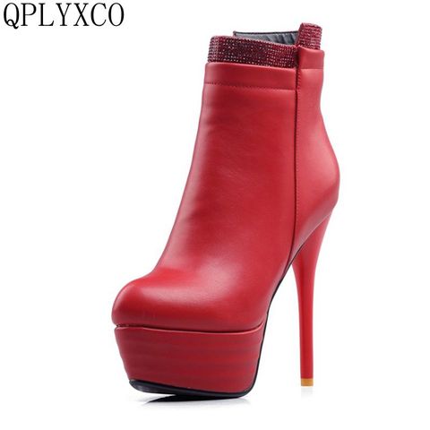 QPLYXCO-Botas cortas de tacón alto con punta redonda para mujer, zapatos de fiesta de boda, talla grande, 31-46, Sexy, para invierno, 2017, nueva oferta, 559 ► Foto 1/6