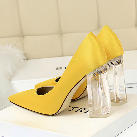2022 de talla grande 43 mujeres de 10cm de alto tacón Mujer Scarpins verde zapatos de satén de boda amarillo azul de seda transparente zapatos ► Foto 1/5