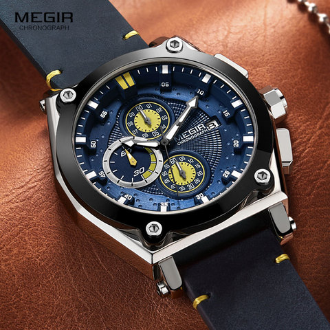 Reloj de pulsera Megir con correa de cuero para hombre, reloj de cuarzo, cronógrafo deportivo, resistente al agua, para hombre, reloj luminoso, 2098, azul ► Foto 1/1