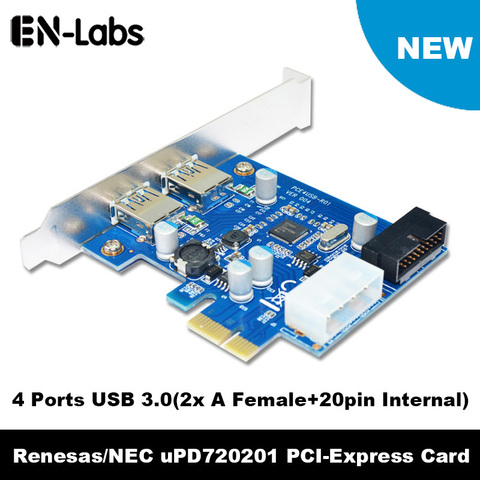 En-Labs-Adaptador de tarjeta de expansión PCIE PCI-e de 4 puertos A USB 3,0 (2 x tipo A + 20 pines internos), concentrador de tarjeta PCI Express con potencia Molex ► Foto 1/6
