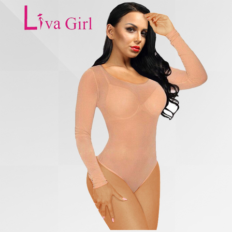 Liva Girl 2022 Nude Bodysuit Rompers Bodycon Jumpsuit Turtleneck Skinny Bodysuits transparente nuevas mujeres Sexy cuerpo ropa ► Foto 1/6