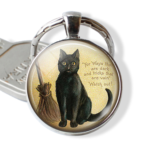 Llavero con cita de gato negro para amantes, llavero de gato con escoba, cristal Vintage, joyería de Gatito Negro, cabujón, llavero con anilla ► Foto 1/6