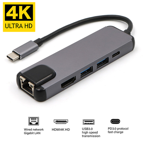 Puerto de carga USBC a RJ45 HDMI USB 3,0 tipo C Hub Gigabit Ethernet Lan 4K para Macbook Pro Air Thunderbolt 3 cargador de USB-C ► Foto 1/6