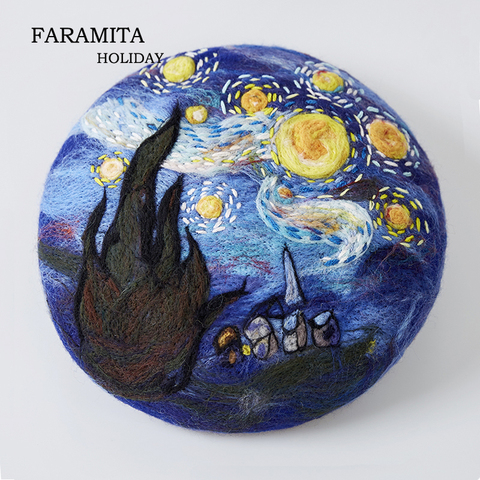 Faramita-boina de lana estilo Van Gogh para mujer, gorro de noche de ensueño azul hecho a mano, famosa pintura Manual, unisex ► Foto 1/5