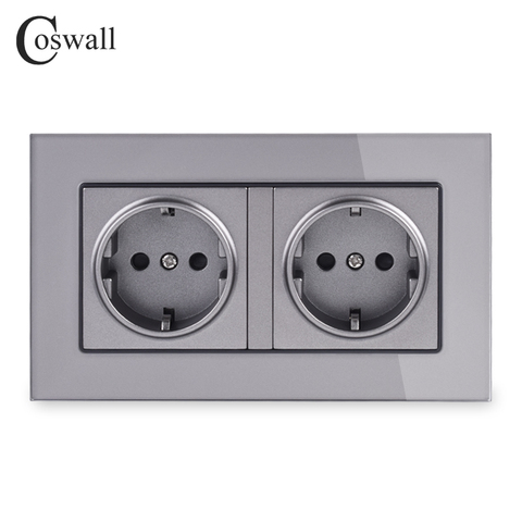 Coswall-Panel de alimentación de cristal de enchufe de pared doble estándar de la UE, 16A, conexión a tierra con puerta protectora para niños, gris ► Foto 1/5