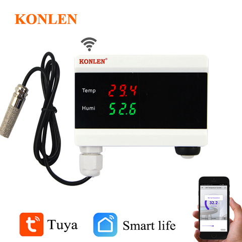 KONLEN WIFI Tuya alarma inteligente de temperatura humedad Sensor termómetro higrómetro Detector hogar pantalla Digital Android App alerta ► Foto 1/6