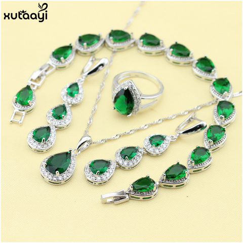 XUTAAYI-juegos de joyería verdes de plata 925, conjunto de joyería de imitación de Esmeralda, collar/anillos/pendientes/pulsera de boda ► Foto 1/6