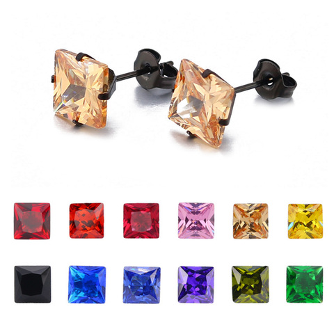 Pendientes cuadrados de Color negro con circonita cúbica para hombre y mujer, joyería de acero inoxidable, pendientes rosados para mujer ► Foto 1/6