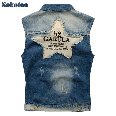 Sokotoo de los hombres chaleco vaquero Hombre estrella de cinco puntas de prendas de vestir de letra patchwork denim chaqueta más grande tamaño de tanque top envío gratis ► Foto 1/1