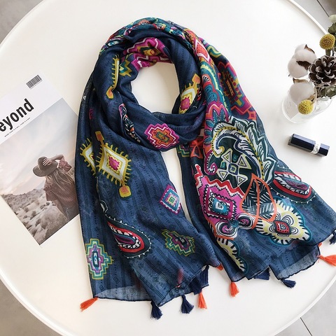 Chal de viscosa con borlas y flores de anacardo azul marino, bufanda de otoño, bufanda con silenciador étnico, diadema, Foulards Sjaal Wrap Hijab Snood ► Foto 1/6